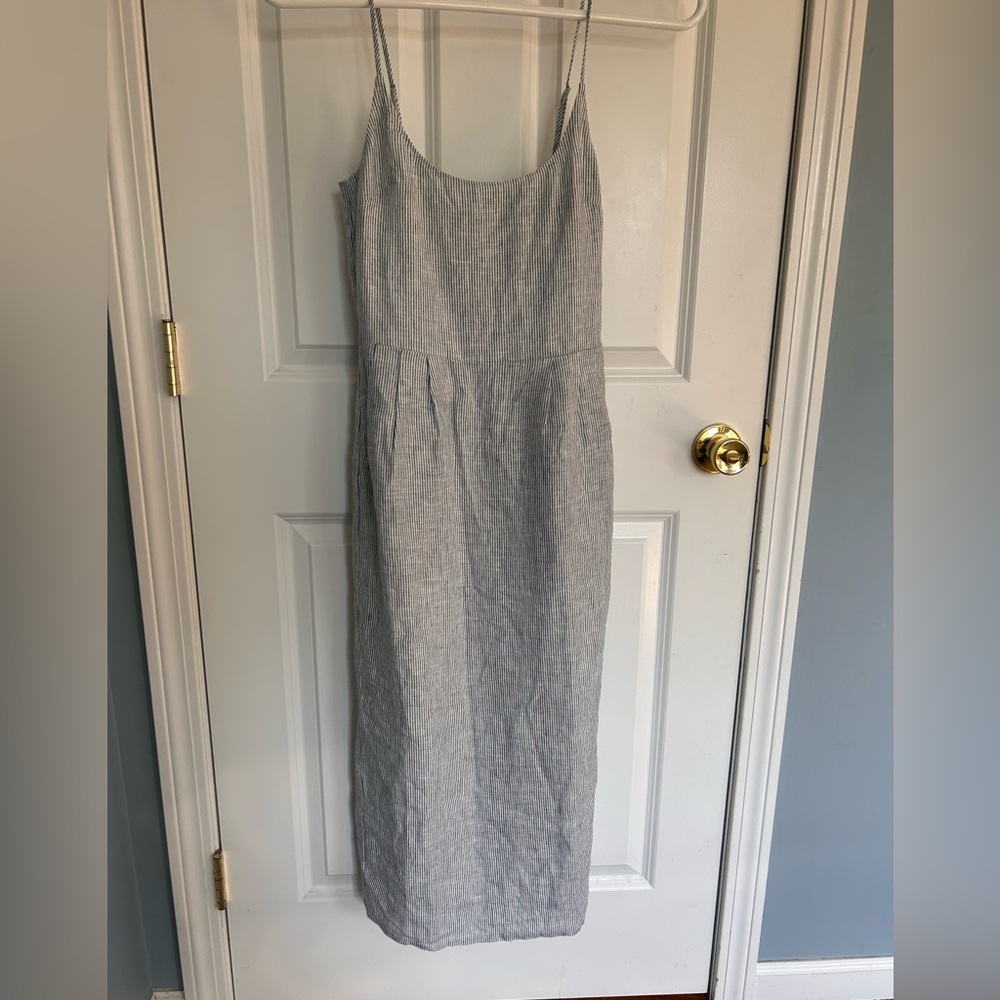 Quince European linen scoop neck midi dress blue and white stripe extra small